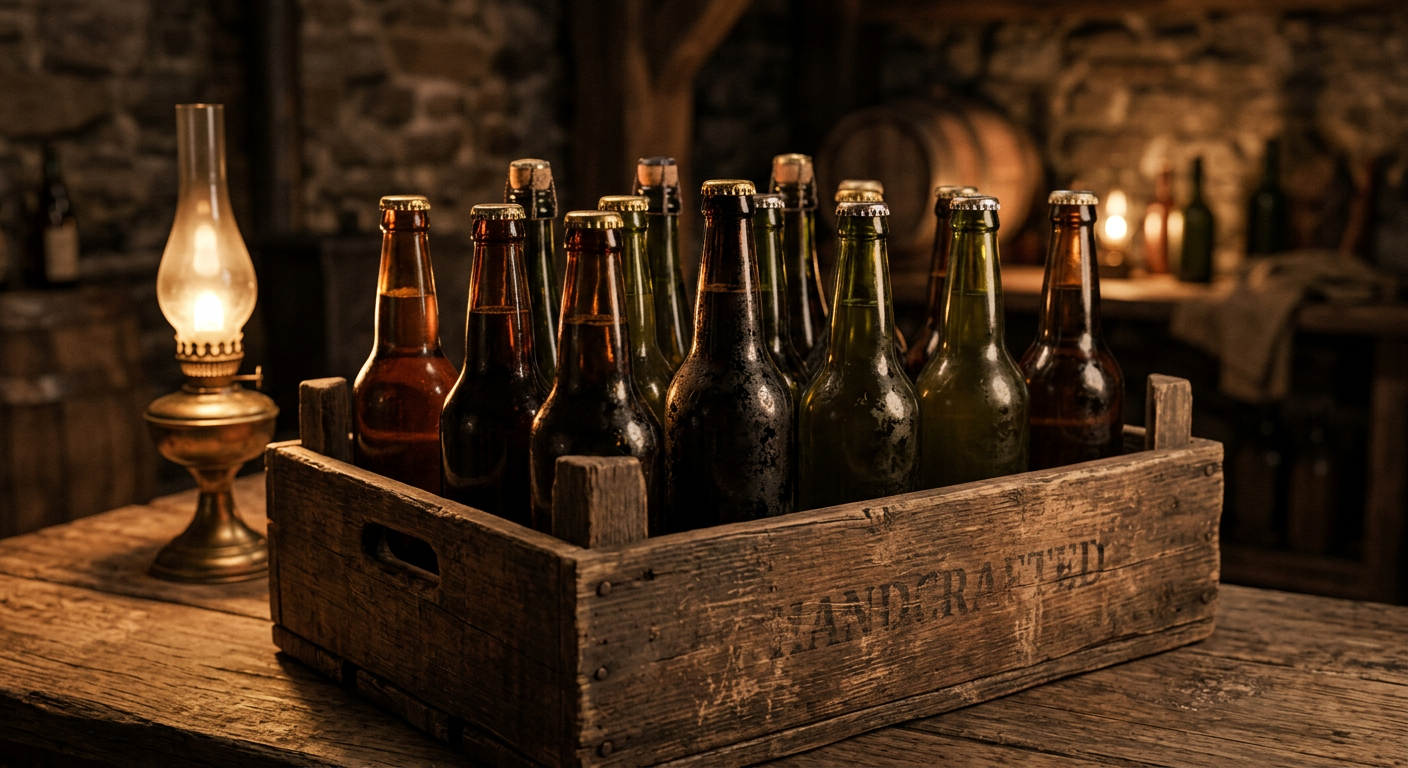 Un casier en bois rempli de bouteilles de bière craft dans une cave chaleureuse