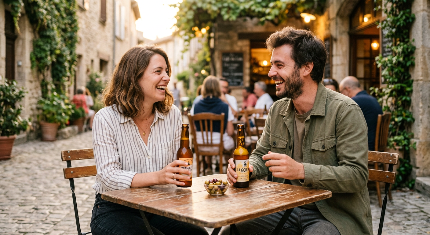 Deux amis riant ensemble à la table d'une terrasse de café en bois, chacun avec une bouteille de bière
